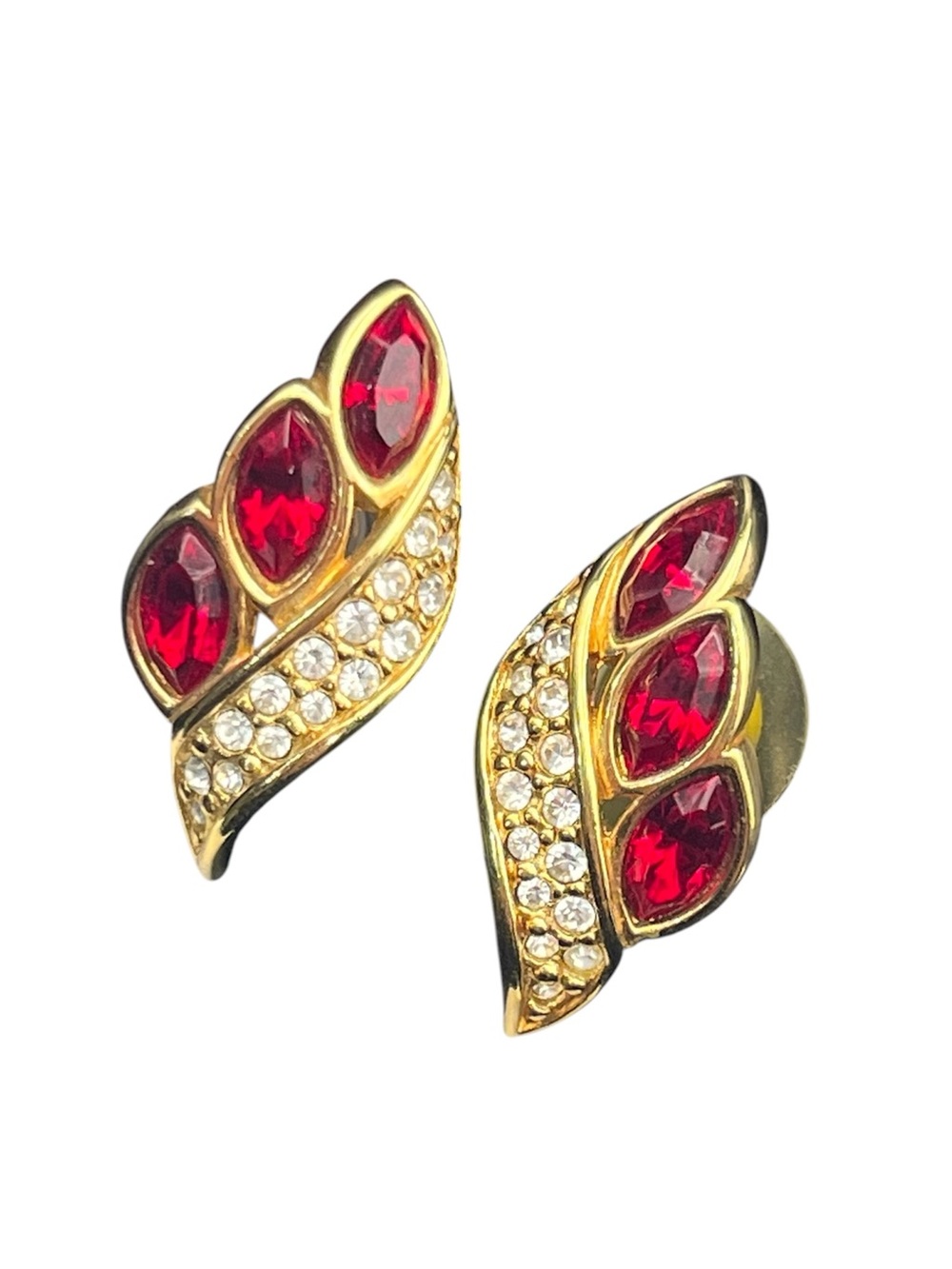 S.A. L. Vintage Swarovski red & clear rhinestone gold tone stud earrings
